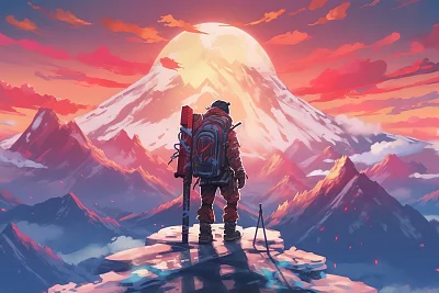 动漫风格登山者夕阳山顶插画