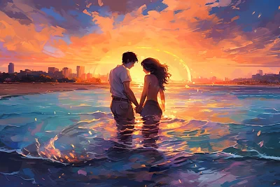 海边浪漫求婚动漫插画