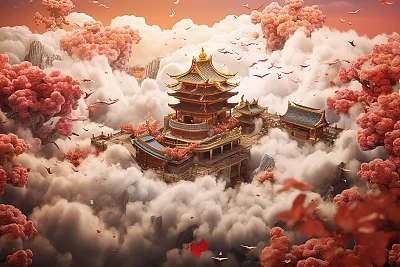 七彩祥云中国画全景拍摄