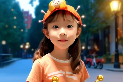 迪士尼风格3D渲染骑自行车小女孩