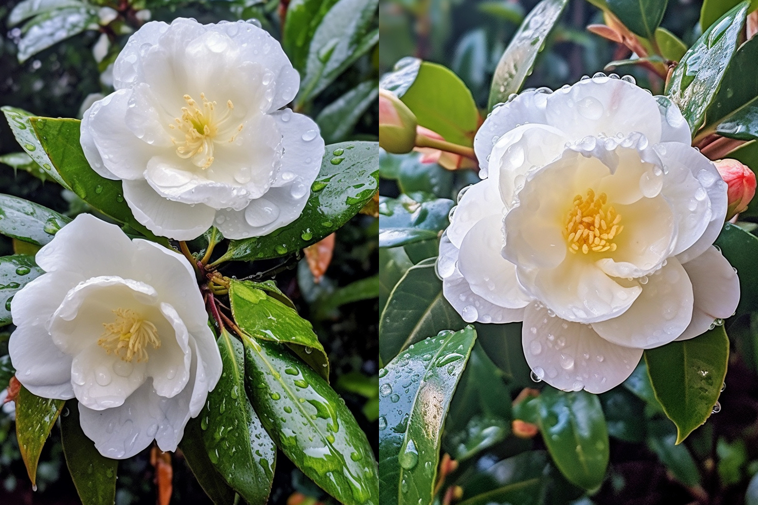 雨后阳光下的白色山茶花花园