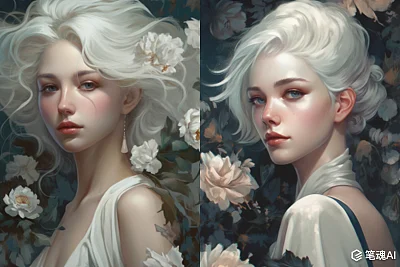 陈阮风格白发美女复古粉彩特写