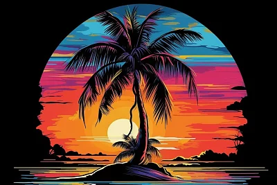 彩色日落椰子树黑色背景