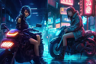 未来派数字艺术风格女孩摩托车霓虹灯