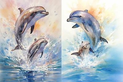 海豚母子跃出水面的水彩画