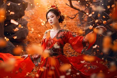 中国风古装美女花瓣中舞蹈