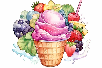 夏日水果味日本冰淇淋水彩画