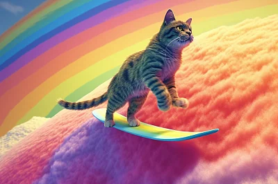彩虹色3D高斯猫冲浪