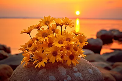 宁静海洋主题日落雏菊美景