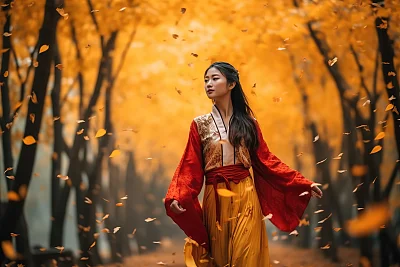 中式服装少女金色秋叶漫步