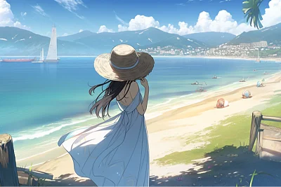 亚洲女士海边时尚散步