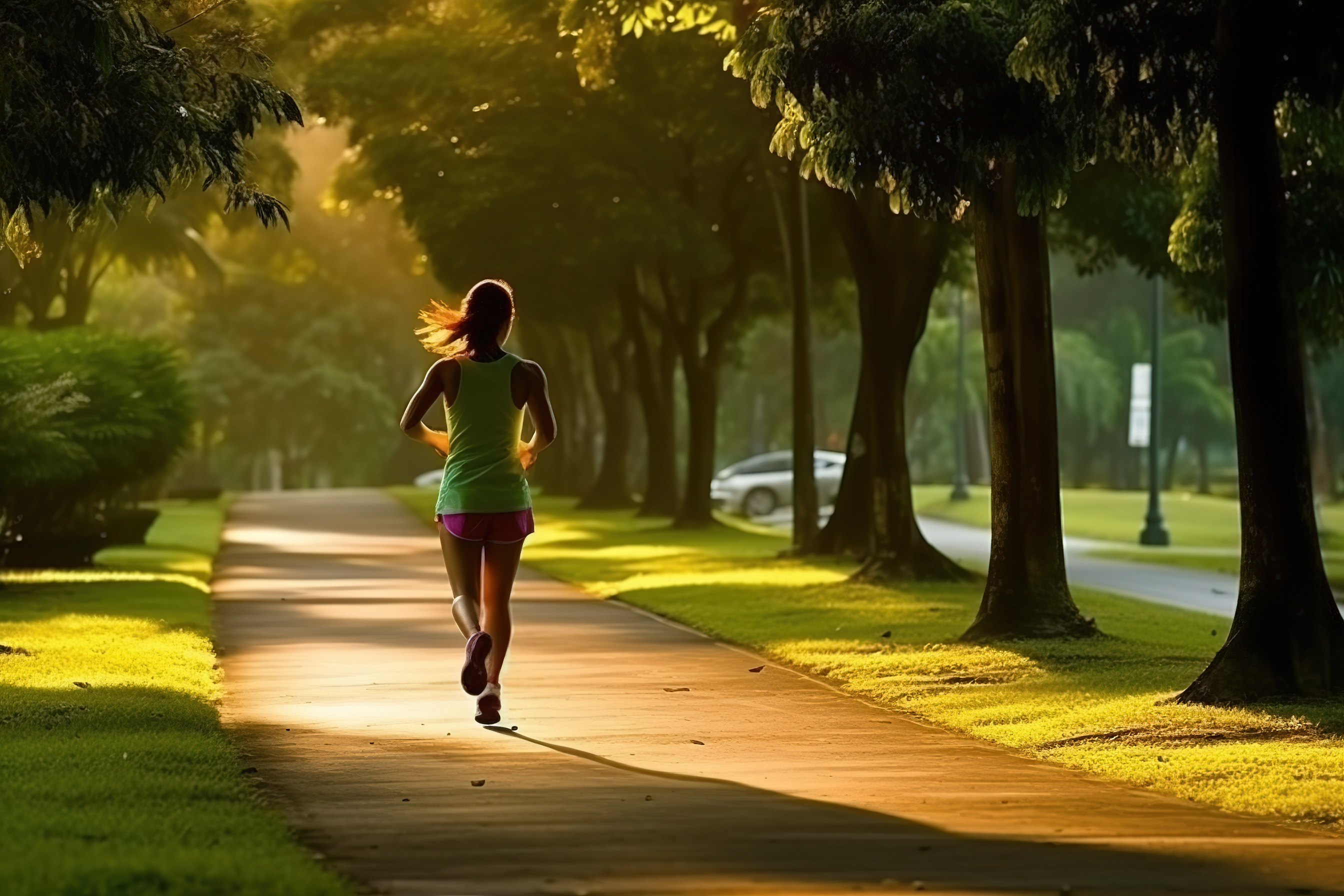 清晨公园女性慢跑健康生活景象