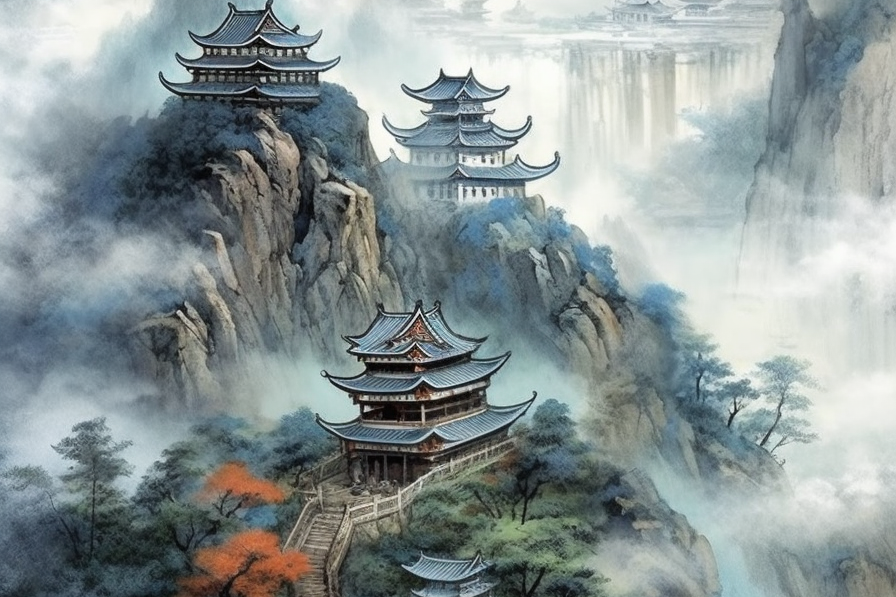 三国时期中国书法水彩画风景