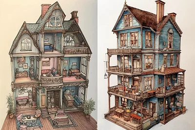 乡村风格娃娃屋水彩画