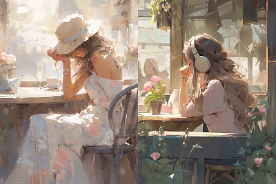 动漫风格女孩露天咖啡馆听音乐油画