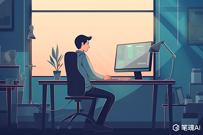 男子办公室电脑前2D游戏艺术风格
