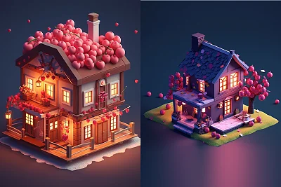 魔法樱桃浆果屋夜晚灯光3D模型