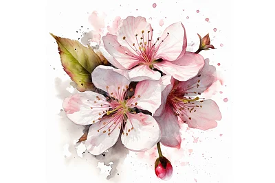 白色背景樱花水彩画细节