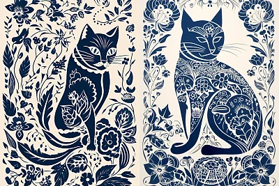 民间风格猫剪影蚀刻画