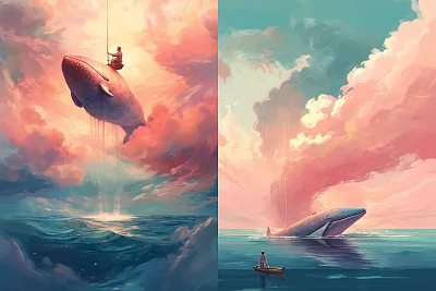梦幻海上航行鲸鱼插画