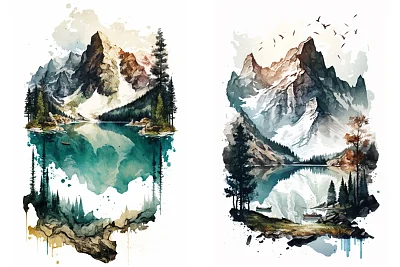 阿尔卑斯山湖泊水彩插画