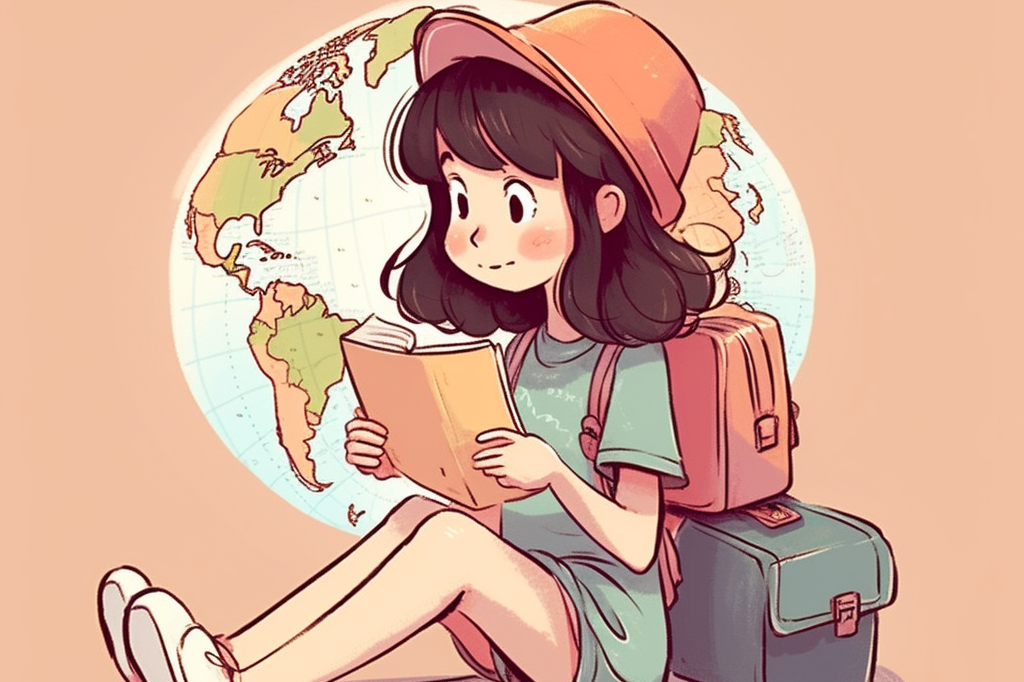 可爱卡通女孩旅行插画