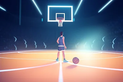 卡通风格3D篮球场少年打篮球