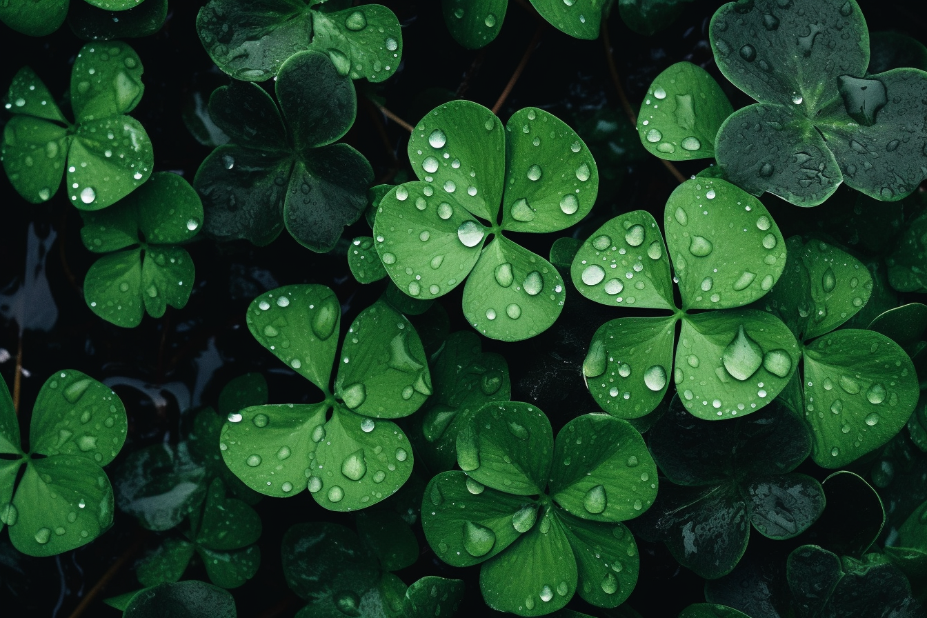 深绿色浅绿色雨滴环绕三叶草照片