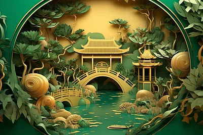 金色隧道构图中国风纸艺插画
