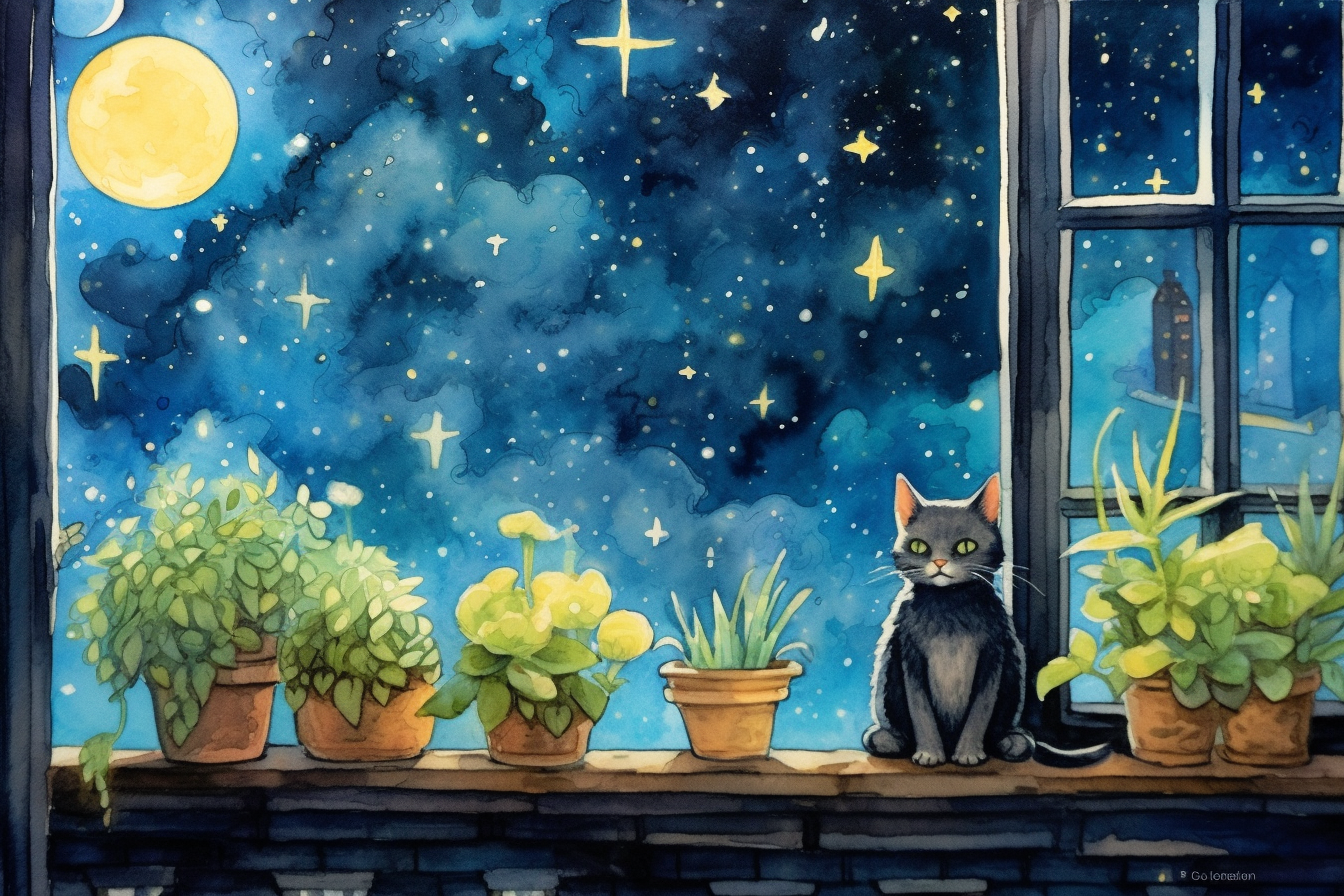 卡通猫夜空水彩画