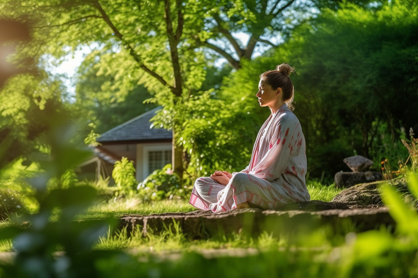 冥想者清晨花园静思图