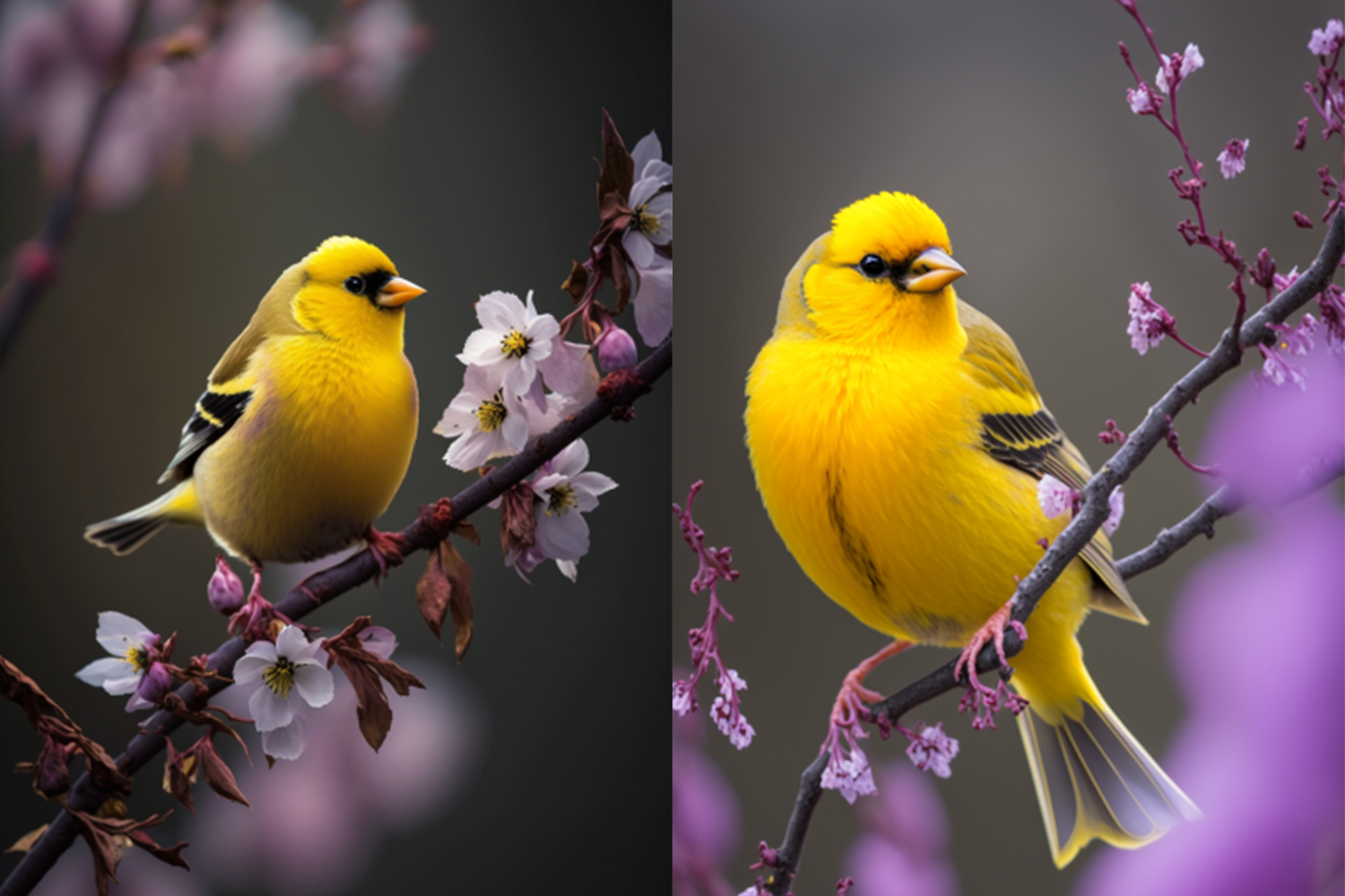 黄雀栖息淡紫色梅花枝头