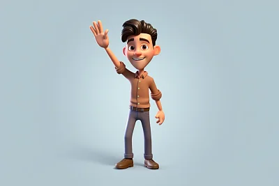 现代3D风格化人物全身微笑挥手