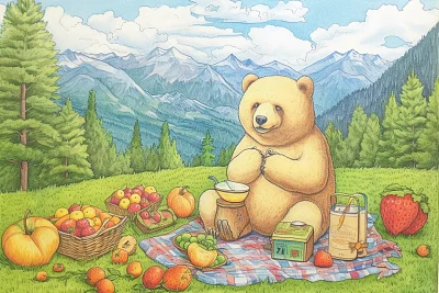 卡通熊野餐彩色铅笔画