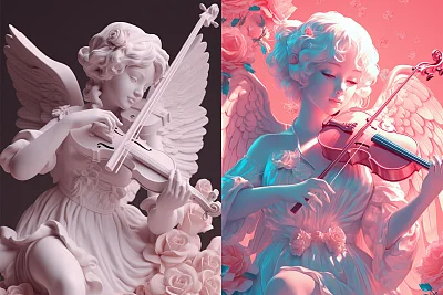 蒸汽波风格天使小提琴与玫瑰