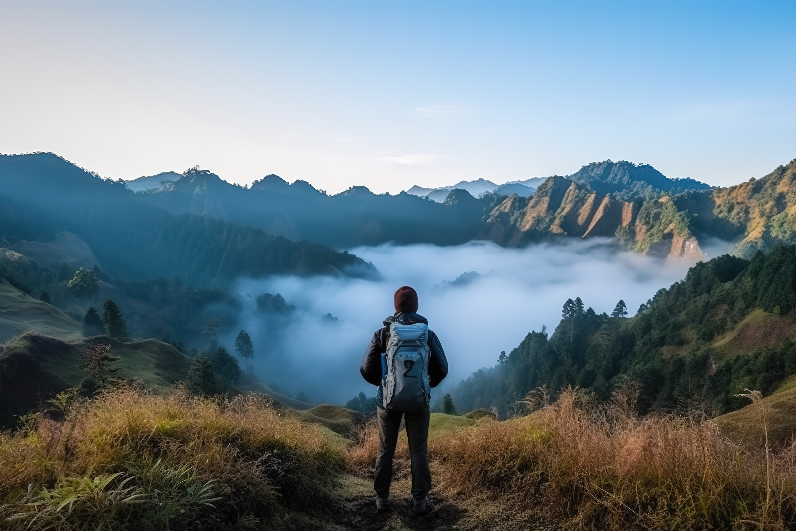 亚洲山腰背包客清晨冒险摄影