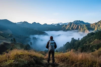 亚洲山腰背包客清晨冒险摄影