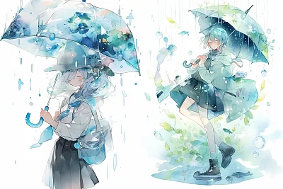 雨中水彩画水滴拟人化伞上舞蹈