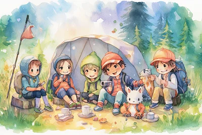 卡通户外活动水彩画