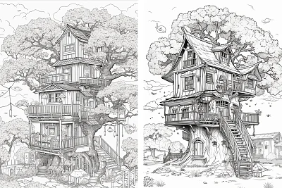 樱花园树屋矢量着色页
