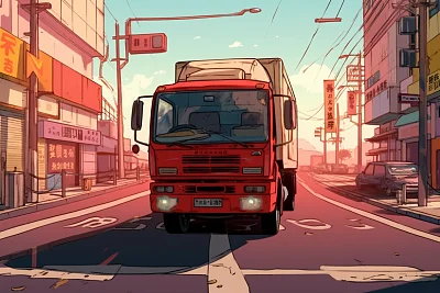 卡车十字路口红绿灯漫画