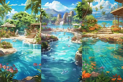 海洋生物主题动漫风格游泳池