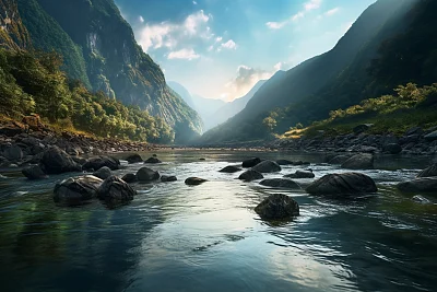 山间河畔风景摄影