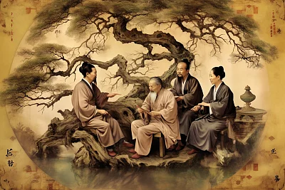 中国哲学家柳树下智慧讨论数字艺术