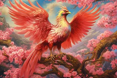 中国凤凰翱翔樱花寺庙画