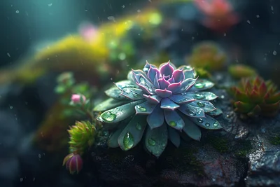 雨后早晨山谷青苔石上的彩色多肉植物