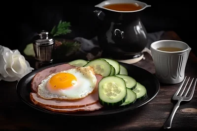 石盘煎蛋早餐搭配黄瓜火腿与茶