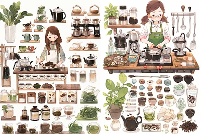 女孩煮咖啡的knolling布局