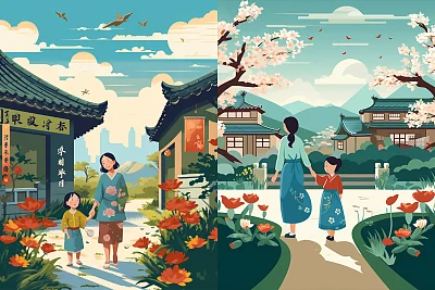 母亲节温馨插画：小女孩送花给妈妈