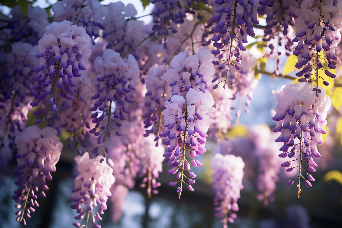 紫藤花浅色阴影中盛开宁静花园景观